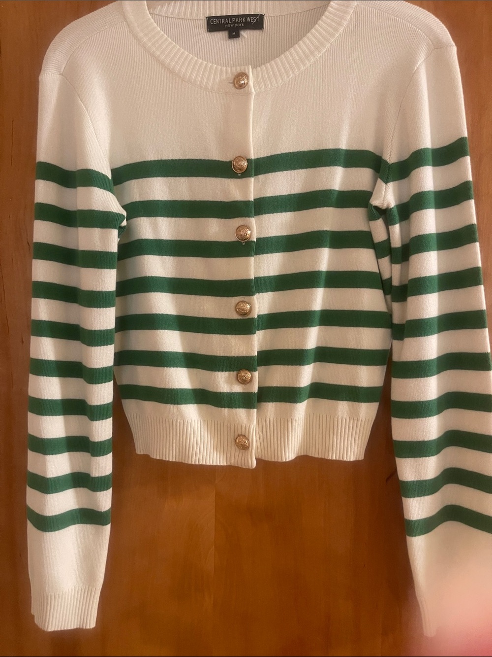 Central Park West Cream & Green Striped Button Cardigan